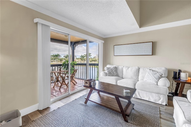 living area featuring a water view, light wood-style flooring, ornamental molding, a textured ceiling, and baseboards