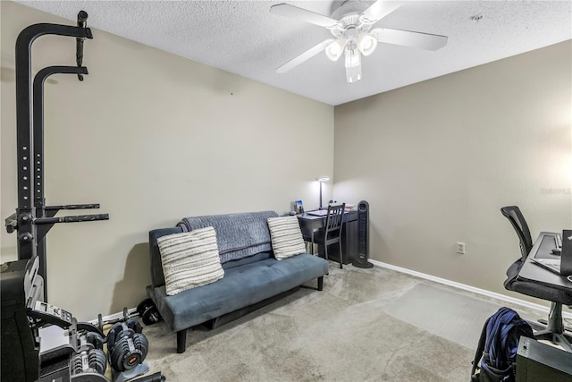 exercise area with carpet flooring, a ceiling fan, a textured ceiling, and baseboards