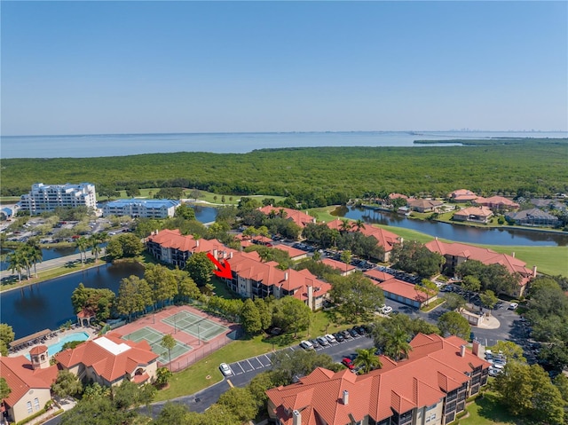 drone / aerial view of a forest and a nearby body of water