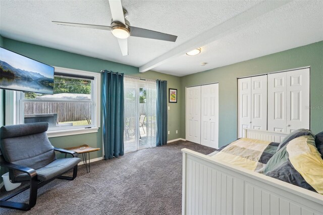 1450 Seabreeze St, Clearwater, FL 33756 - bedroom with two closets, carpet, access to exterior, baseboards, and a textured ceiling
