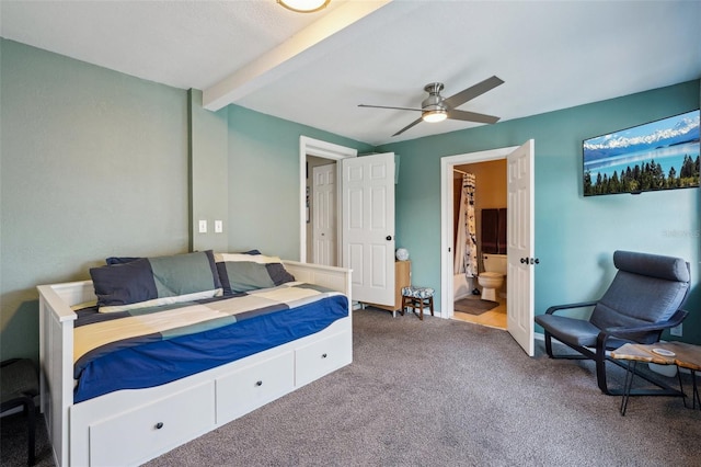 1450 Seabreeze St, Clearwater, FL 33756 - bedroom featuring carpet floors, beam ceiling, ensuite bathroom, and ceiling fan