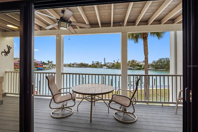 12360 Capri Cir N Unit 106, Treasure Island, FL 33706 - wooden terrace featuring a water view and a ceiling fan