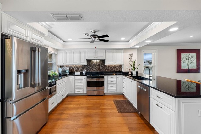 12360 Capri Cir N Unit 106, Treasure Island, FL 33706 - kitchen with appliances with stainless steel finishes, a sink, a peninsula, ornamental molding, and a tray ceiling