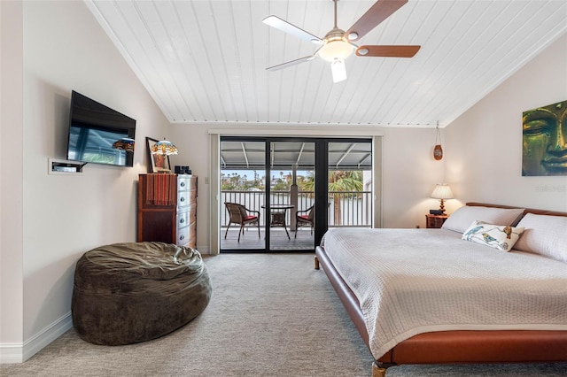 12360 Capri Cir N Unit 106, Treasure Island, FL 33706 - carpeted bedroom featuring access to outside, vaulted ceiling, wood ceiling, baseboards, and ceiling fan