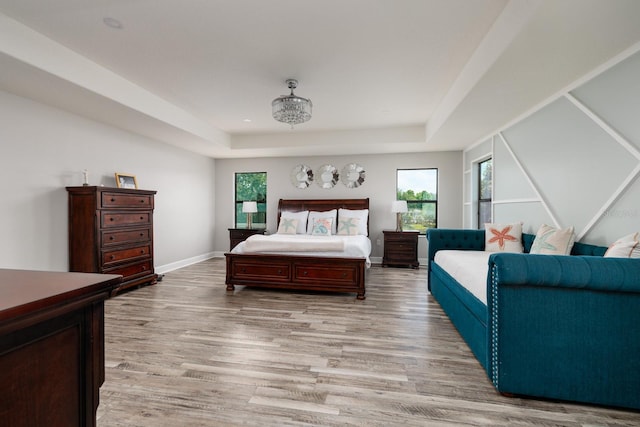 4611 Grand Preserve Pl, Palm Harbor, FL 34684 - bedroom with light wood-type flooring, a tray ceiling, and baseboards