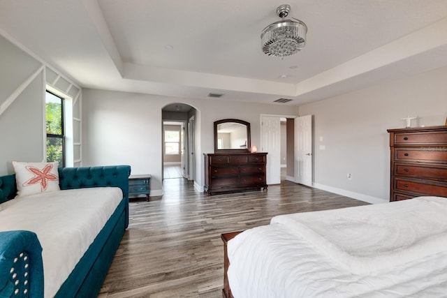 4611 Grand Preserve Pl, Palm Harbor, FL 34684 - bedroom featuring a tray ceiling, arched walkways, multiple windows, and wood finished floors