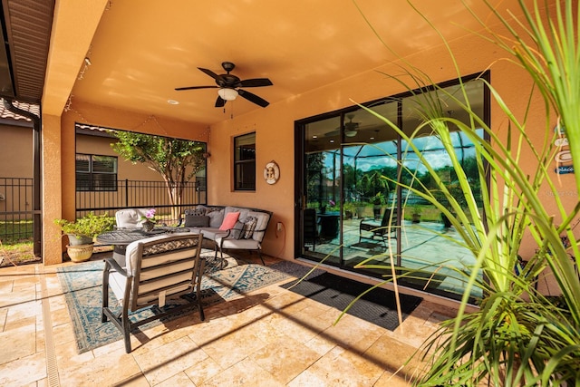 4611 Grand Preserve Pl, Palm Harbor, FL 34684 - view of patio featuring ceiling fan, outdoor lounge area, and fence