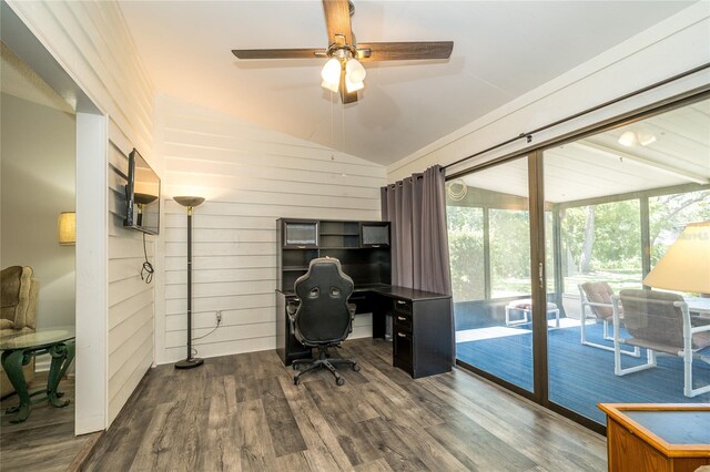 35145 Whispering Oaks Blvd, Dade City, FL 33523 - office area with wood finished floors, a ceiling fan, lofted ceiling, and wooden walls