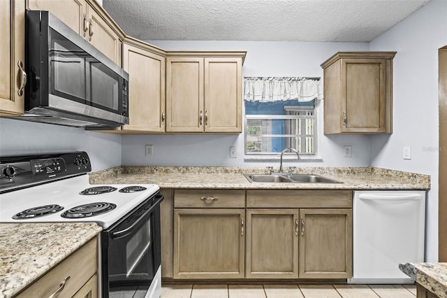 kitchen featuring electric stove, stainless steel microwave, a sink, white dishwasher, and a textured ceiling