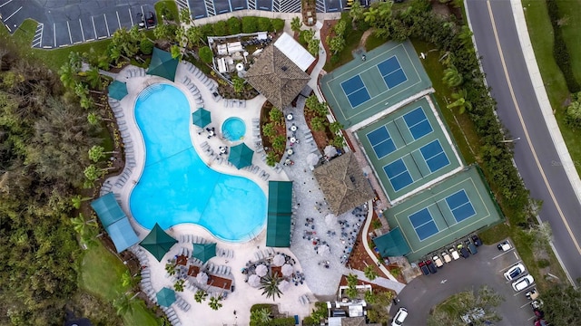 aerial view of a pool area