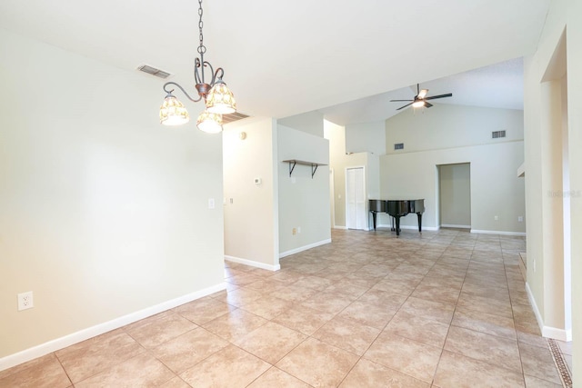 748 Sagewood Dr, Lakeland, FL 33813 - unfurnished room with a chandelier, ceiling fan, baseboards, light tile patterned floors, and high vaulted ceiling