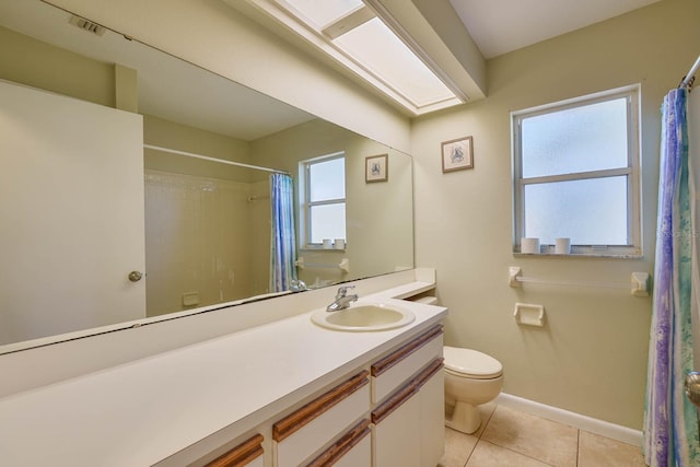 748 Sagewood Dr, Lakeland, FL 33813 - bathroom featuring toilet, tile patterned flooring, baseboards, a shower with shower curtain, and vanity