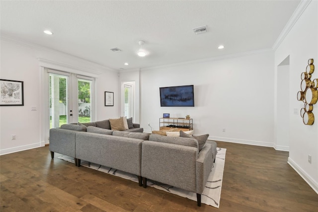 807 W Kentucky Ave, Tampa, FL 33603 - living area featuring crown molding, dark wood finished floors, baseboards, french doors, and recessed lighting