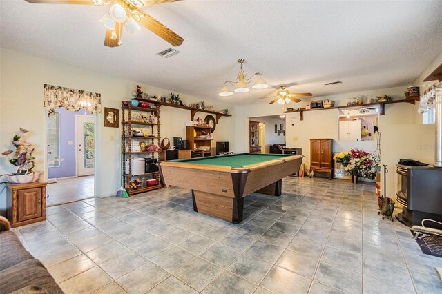 2308 Rio Cir, Spring Hill, FL 34608 - rec room featuring a ceiling fan, tile patterned floors, billiards table, and a textured ceiling