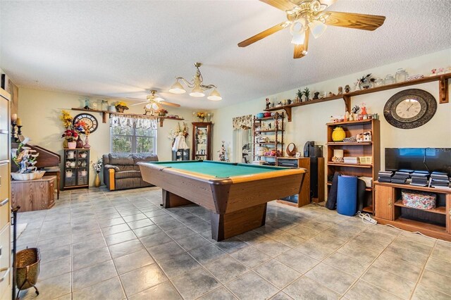 2308 Rio Cir, Spring Hill, FL 34608 - recreation room with ceiling fan, a textured ceiling, billiards table, and tile patterned floors
