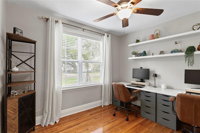 office with plenty of natural light, a ceiling fan, light wood-style floors, and baseboards
