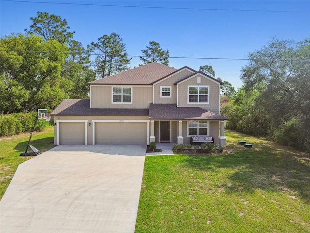 14282 Coronado Dr, Spring Hill, FL 34609 - view of front of property with driveway, covered porch, a shingled roof, a front yard, and a garage