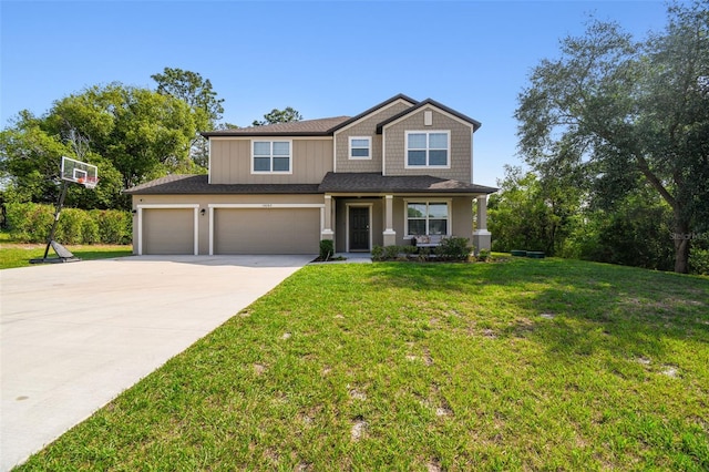 14282 Coronado Dr, Spring Hill, FL 34609 - craftsman inspired home with driveway, a porch, a front lawn, and a garage