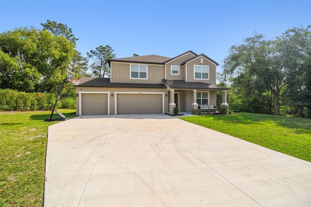 14282 Coronado Dr, Spring Hill, FL 34609 - view of front facade featuring concrete driveway, a porch, a front lawn, an attached garage, and a garage