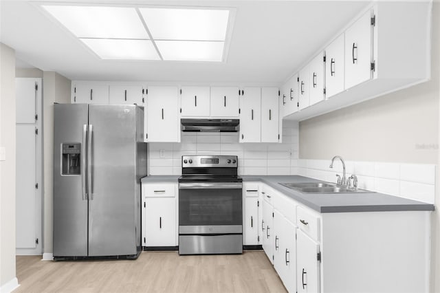 7215 San Moritz Dr, Port Richey, FL 34668 - kitchen featuring stainless steel appliances, under cabinet range hood, a sink, light wood-style flooring, and tasteful backsplash