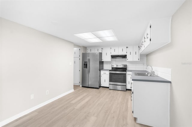 7215 San Moritz Dr, Port Richey, FL 34668 - kitchen with stainless steel appliances, a sink, under cabinet range hood, light wood-style flooring, and white cabinetry