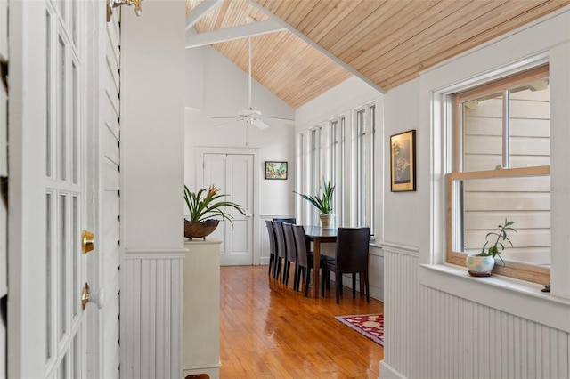 1001 E Crawford St, Tampa, FL 33604 - dining space featuring vaulted ceiling, wooden ceiling, light wood finished floors, a ceiling fan, and wainscoting