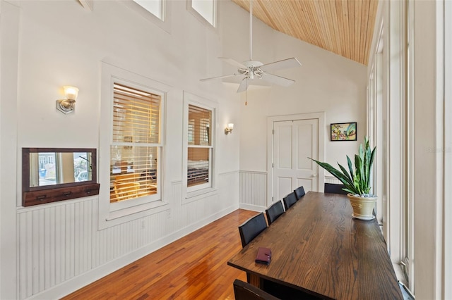 1001 E Crawford St, Tampa, FL 33604 - office space with wood finished floors, a wainscoted wall, ceiling fan, wooden ceiling, and high vaulted ceiling