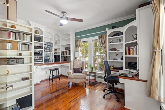 1001 E Crawford St, Tampa, FL 33604 - office space with a ceiling fan, crown molding, wood-type flooring, and built in desk