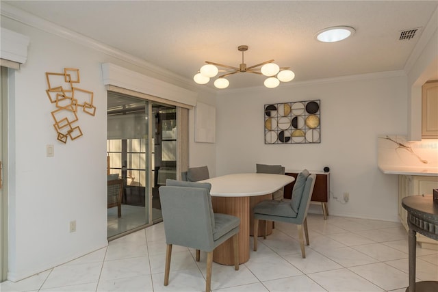3071 Bolt Dr, Palm Harbor, FL 34685 - dining room featuring a chandelier, ornamental molding, light tile patterned floors, and baseboards