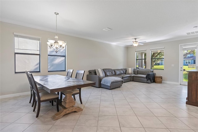 4690 Coachford Dr, Wesley Chapel, FL 33543 - dining room with light tile patterned floors, crown molding, a chandelier, baseboards, and ceiling fan