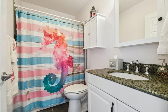 3227 Rose Arbor Dr, Hernando Beach, FL 34607 - full bath with vanity, toilet, tile patterned floors, and a shower with shower curtain