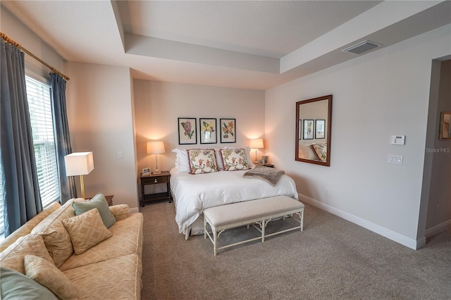 bedroom with a tray ceiling, baseboards, and carpet floors