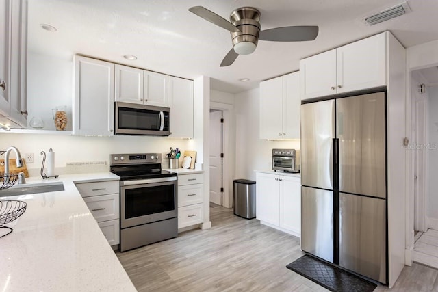 945 8th St N, Saint Petersburg, FL 33712 - kitchen with stainless steel appliances, a sink, ceiling fan, white cabinets, and recessed lighting