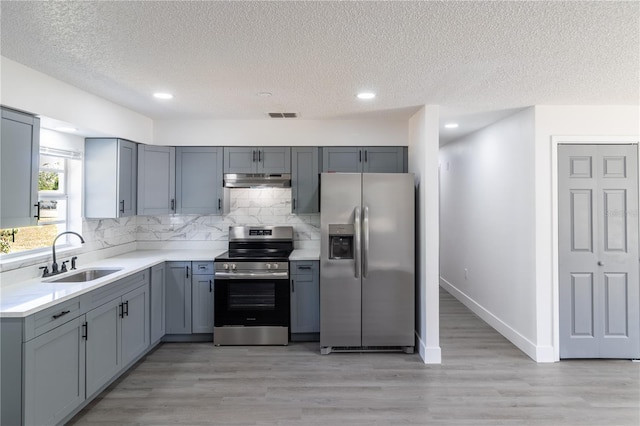 kitchen featuring stainless steel appliances, a sink, under cabinet range hood, gray cabinetry, and a textured ceiling