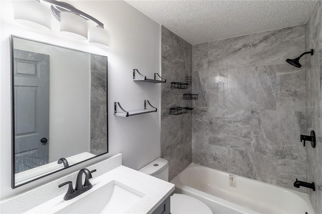 full bathroom with toilet, a textured ceiling, bathtub / shower combination, and vanity