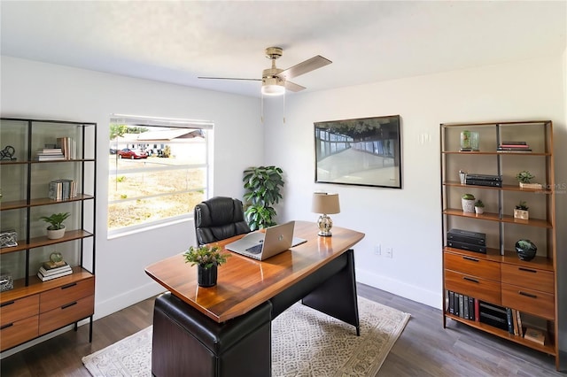 office space featuring ceiling fan, dark wood finished floors, and baseboards