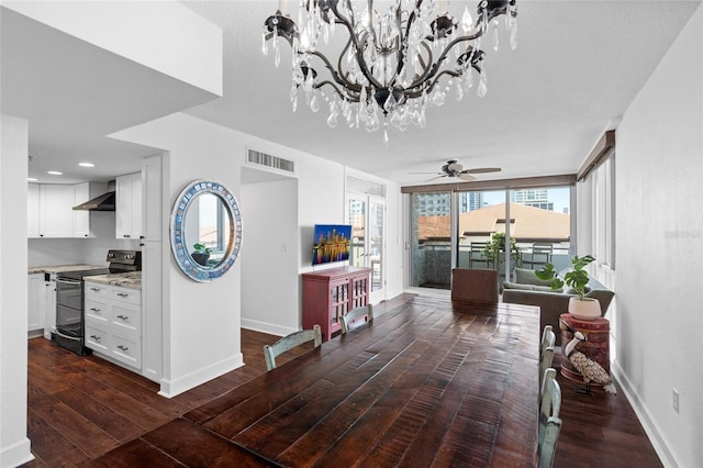 dining room with baseboards, dark wood-style flooring, and ceiling fan