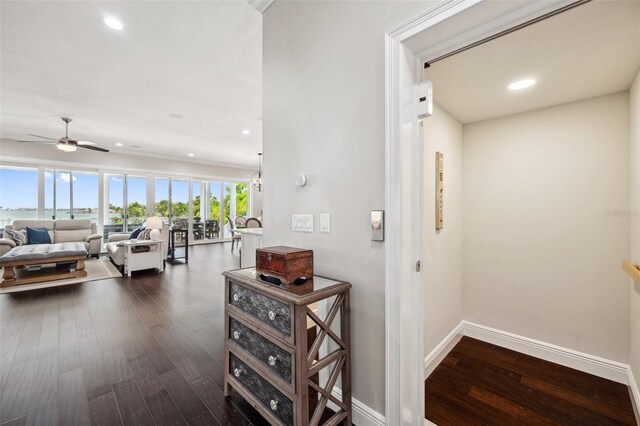 7115 Bay St, St Pete Beach, FL 33706 - hall featuring dark wood-style flooring, baseboards, and recessed lighting