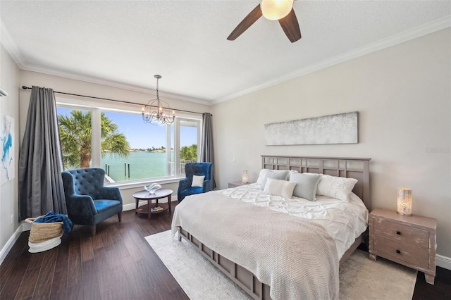 7115 Bay St, St Pete Beach, FL 33706 - bedroom with wood finished floors, baseboards, a chandelier, crown molding, and ceiling fan