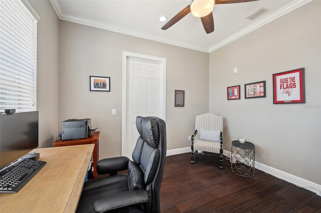 7115 Bay St, St Pete Beach, FL 33706 - home office featuring a ceiling fan, wood-type flooring, baseboards, crown molding, and recessed lighting