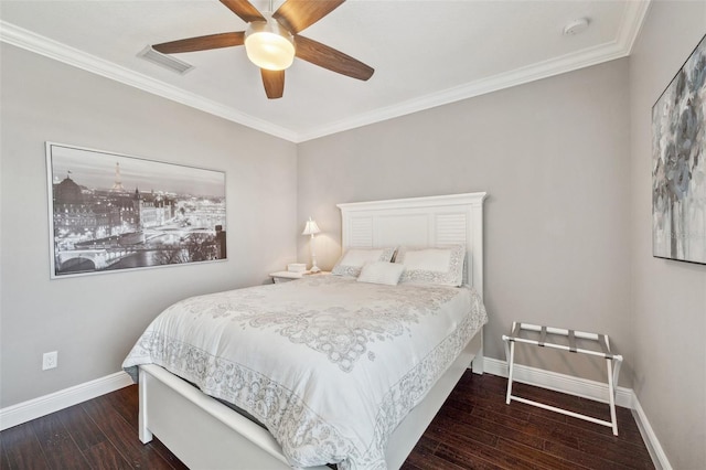 7115 Bay St, St Pete Beach, FL 33706 - bedroom with hardwood / wood-style flooring, baseboards, crown molding, and a ceiling fan
