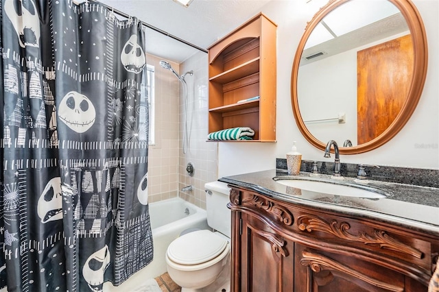 full bathroom with toilet, shower / tub combo with curtain, and vanity
