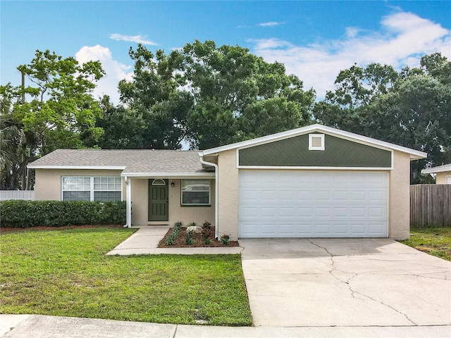 ranch-style house featuring driveway, stucco siding, and a garage