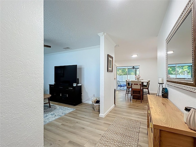 living room with light wood-style flooring, a textured ceiling, baseboards, and a textured wall