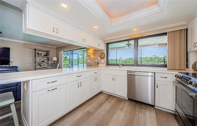 671 Tallahassee Dr NE, Saint Petersburg, FL 33702 - kitchen with appliances with stainless steel finishes, a sink, a peninsula, ornamental molding, and light wood-style floors