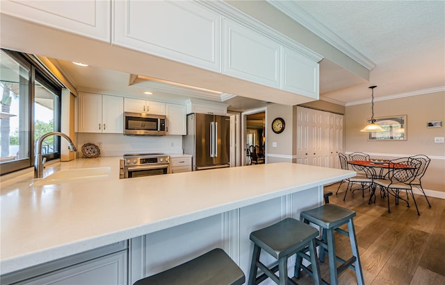 671 Tallahassee Dr NE, Saint Petersburg, FL 33702 - kitchen with stainless steel appliances, a sink, crown molding, a peninsula, and dark wood finished floors