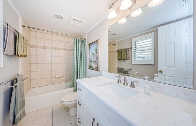 671 Tallahassee Dr NE, Saint Petersburg, FL 33702 - bathroom featuring tile patterned floors, shower / tub combo with curtain, toilet, vanity, and ornamental molding