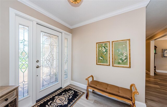671 Tallahassee Dr NE, Saint Petersburg, FL 33702 - entryway featuring wood finished floors, ornamental molding, and baseboards