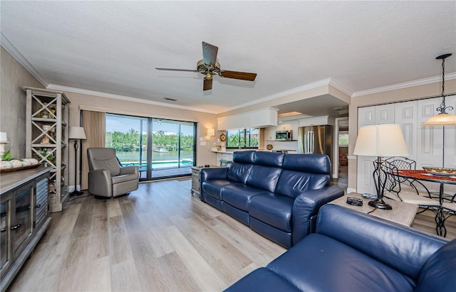 671 Tallahassee Dr NE, Saint Petersburg, FL 33702 - living area featuring light wood-style floors, ceiling fan, a textured ceiling, and ornamental molding