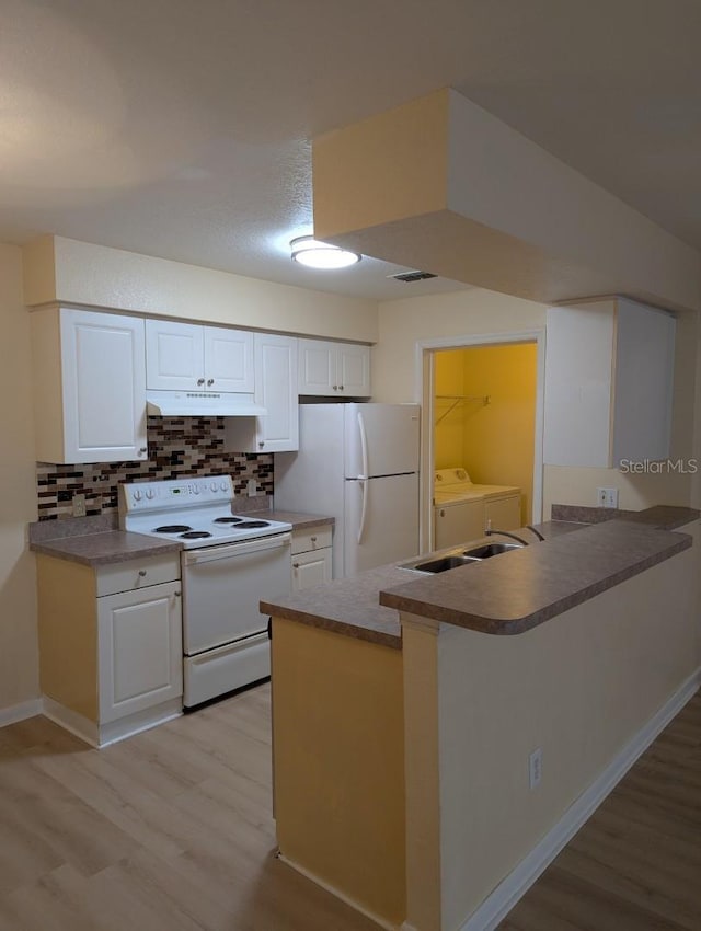 5915 Brickleberry Ln Unit 103, Zephyrhills, FL 33541 - kitchen with white appliances, washer and dryer, under cabinet range hood, a peninsula, and light wood finished floors
